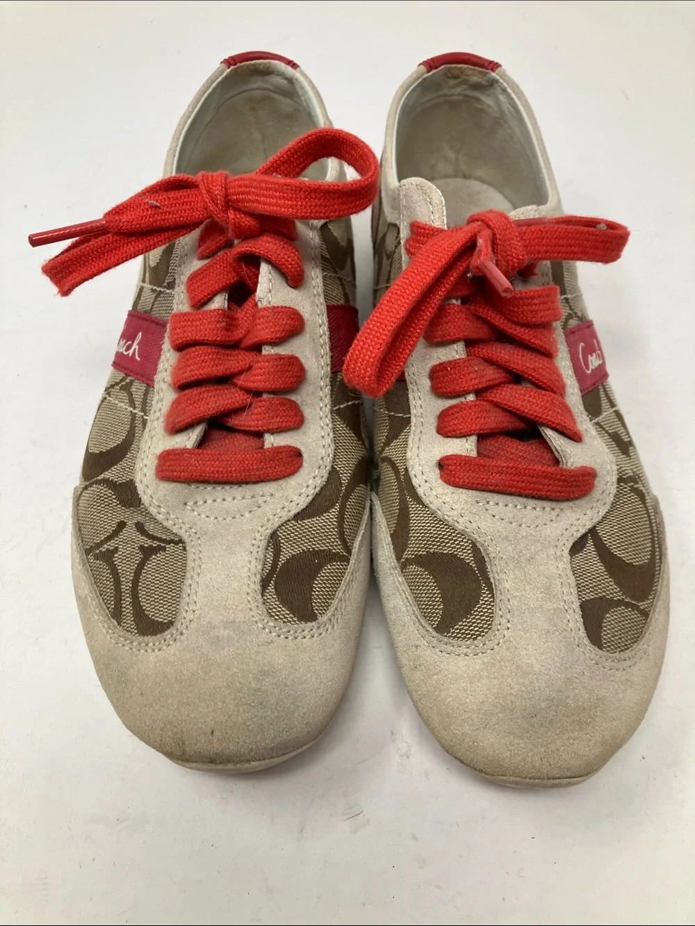 Coach Baylee Signature C Canvas Suede Sneakers Red Tan Sz 7.5 A1474